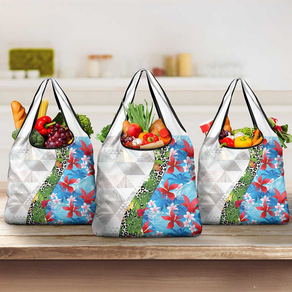 Hawaiian Tropical Flowers and Leaves Grocery Bag on Leopard Pattern Half Style White-Blue Version - Polynesian Pride