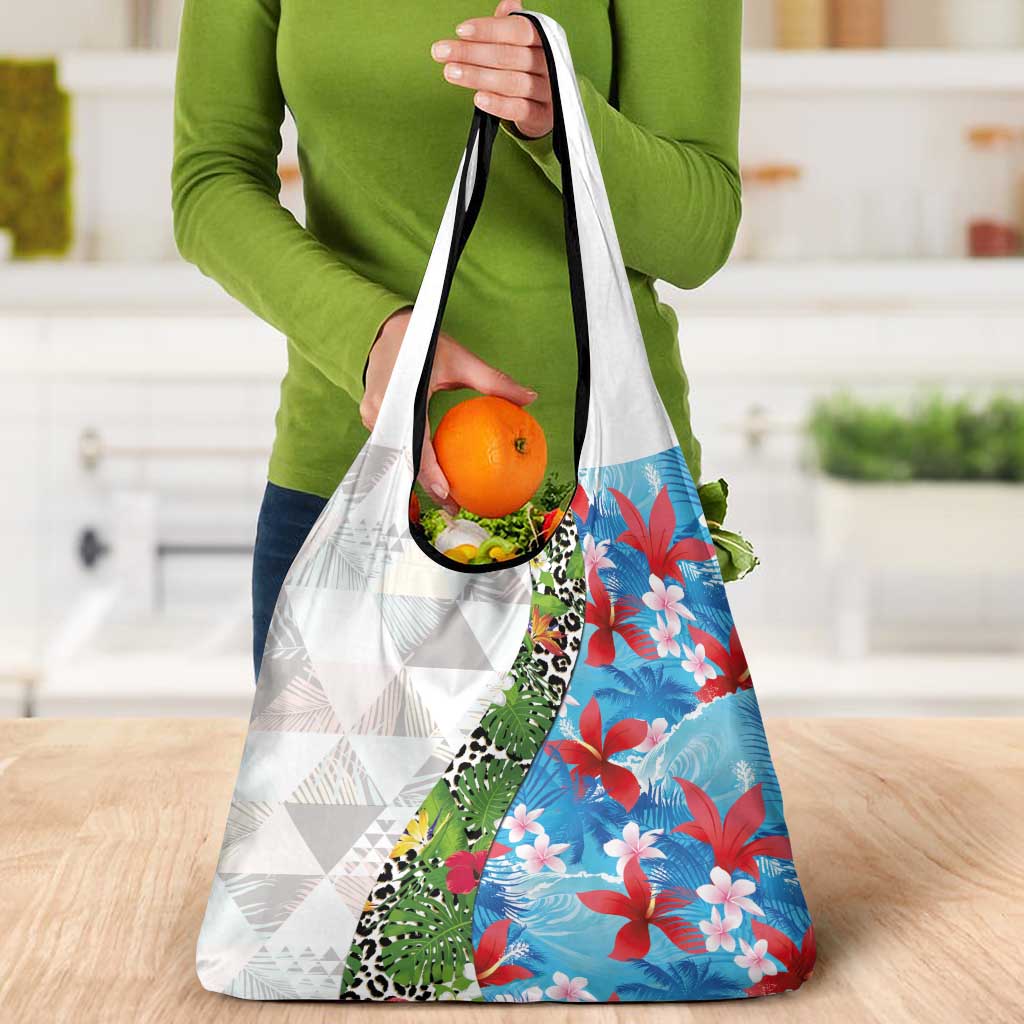 Hawaiian Tropical Flowers and Leaves Grocery Bag on Leopard Pattern Half Style White-Blue Version - Polynesian Pride