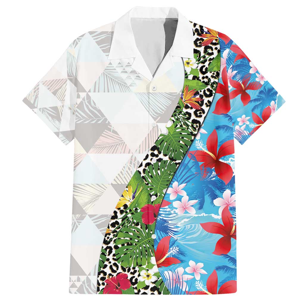 Hawaiian Tropical Flowers and Leaves Hawaiian Shirt on Leopard Pattern Half Style White-Blue Version - Polynesian Pride