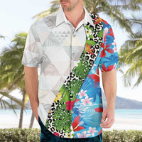 Hawaiian Tropical Flowers and Leaves Hawaiian Shirt on Leopard Pattern Half Style White-Blue Version - Polynesian Pride