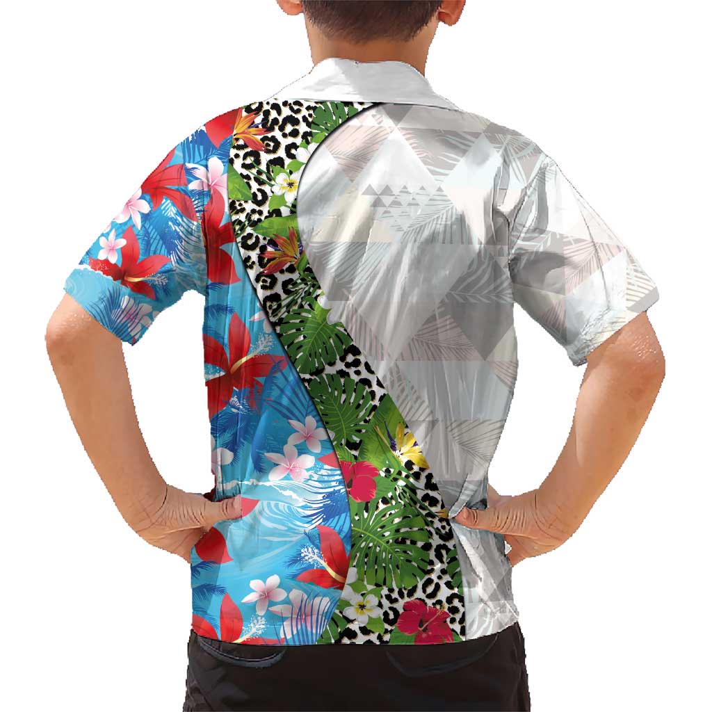 Hawaiian Tropical Flowers and Leaves Hawaiian Shirt on Leopard Pattern Half Style White-Blue Version - Polynesian Pride
