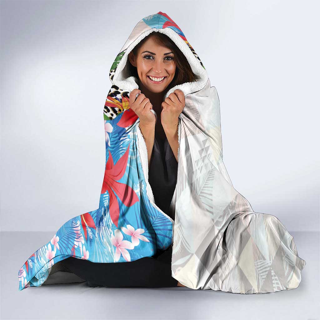 Hawaiian Tropical Flowers and Leaves Hooded Blanket on Leopard Pattern Half Style White-Blue Version - Polynesian Pride