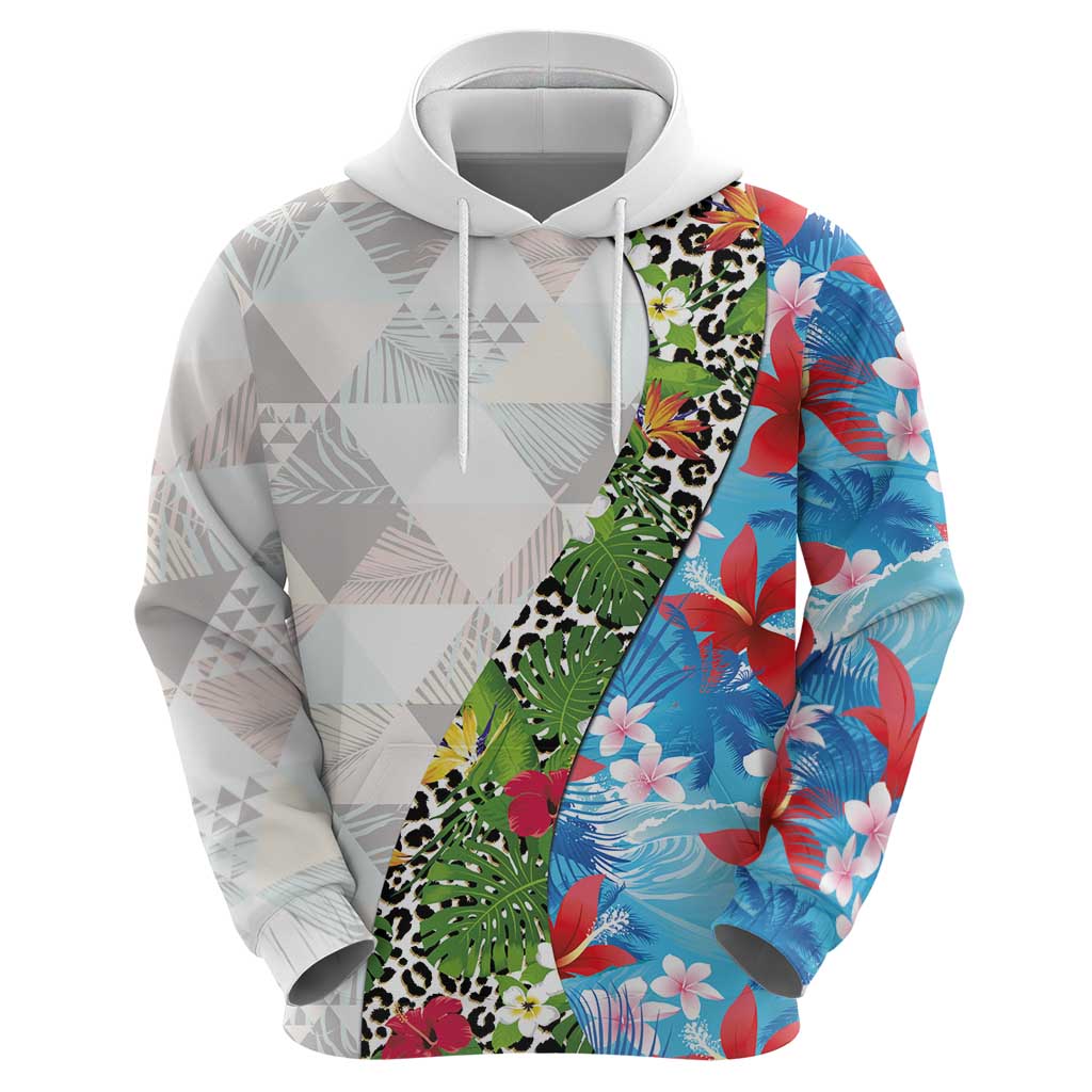 Hawaiian Tropical Flowers and Leaves Hoodie on Leopard Pattern Half Style White-Blue Version - Polynesian Pride