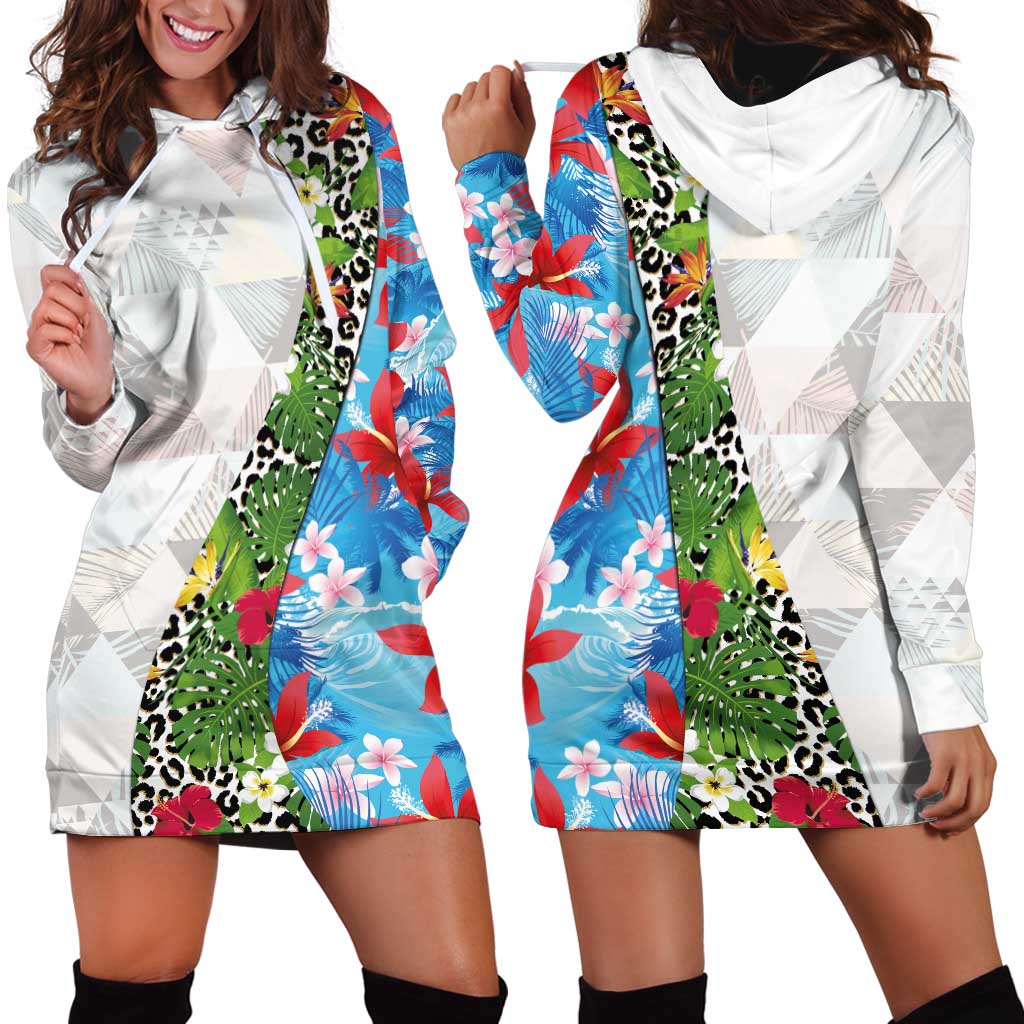 Hawaiian Tropical Flowers and Leaves Hoodie Dress on Leopard Pattern Half Style White-Blue Version - Polynesian Pride