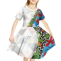 Hawaiian Tropical Flowers and Leaves Kid Short Sleeve Dress on Leopard Pattern Half Style White-Blue Version - Polynesian Pride