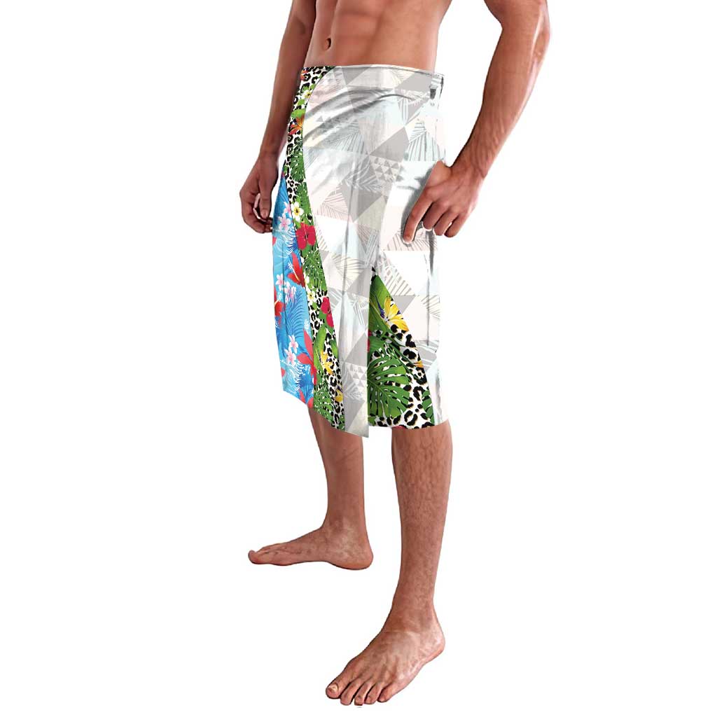 Hawaiian Tropical Flowers and Leaves Lavalava on Leopard Pattern Half Style White-Blue Version - Polynesian Pride