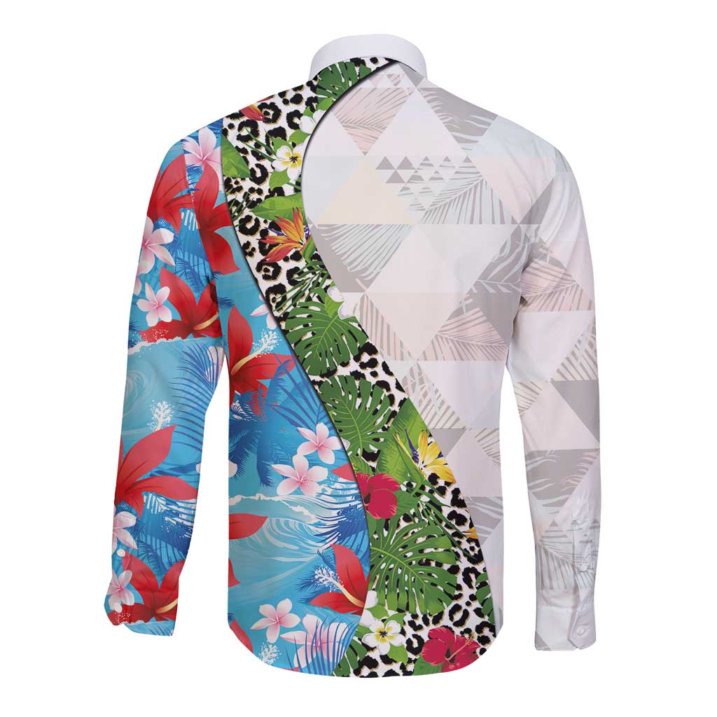 Hawaiian Tropical Flowers and Leaves Long Sleeve Button Shirt on Leopard Pattern Half Style White-Blue Version - Polynesian Pride