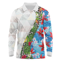 Hawaiian Tropical Flowers and Leaves Long Sleeve Polo Shirt on Leopard Pattern Half Style White-Blue Version LT03 White - Polynesian Pride
