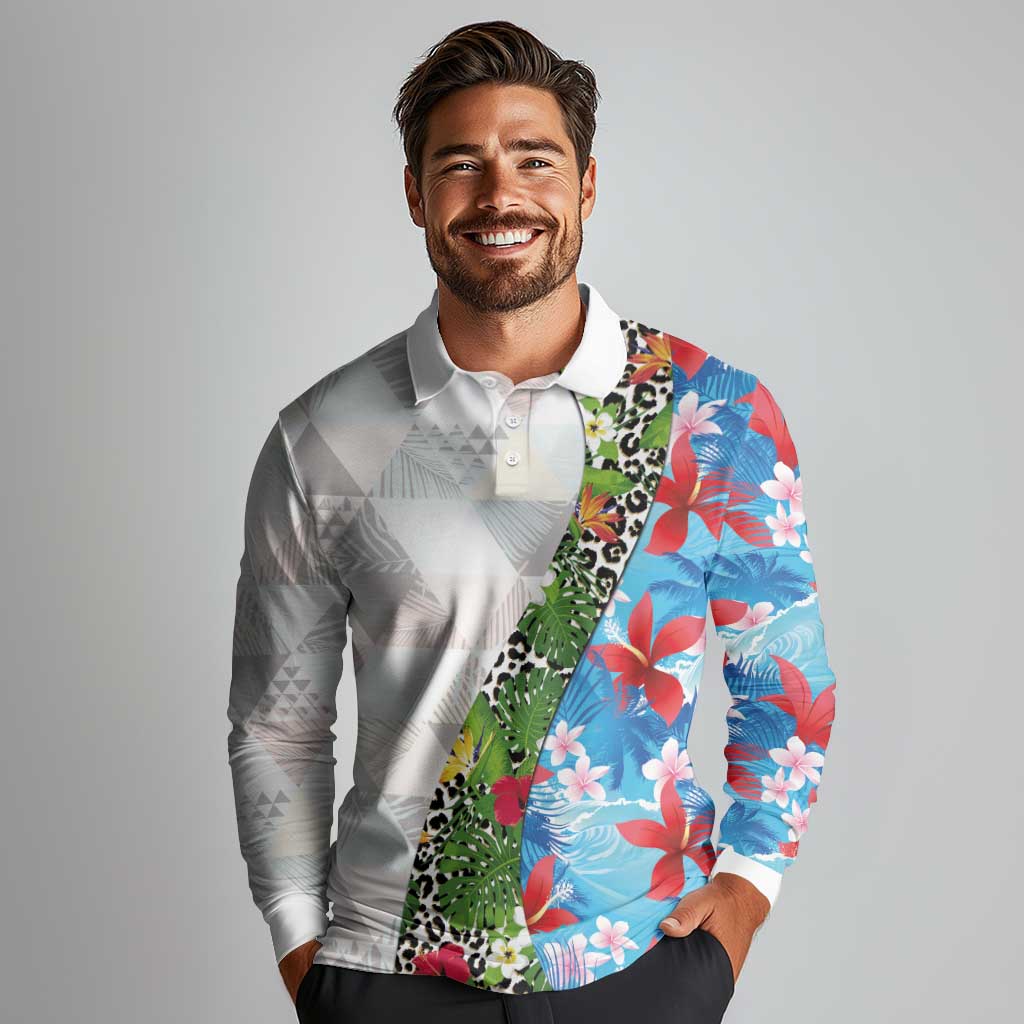 Hawaiian Tropical Flowers and Leaves Long Sleeve Polo Shirt on Leopard Pattern Half Style White-Blue Version LT03 - Polynesian Pride