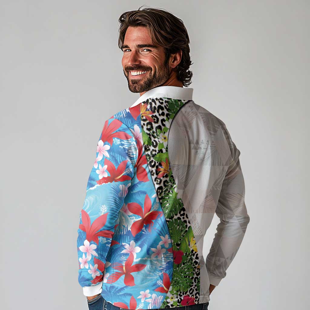 Hawaiian Tropical Flowers and Leaves Long Sleeve Polo Shirt on Leopard Pattern Half Style White-Blue Version LT03 - Polynesian Pride