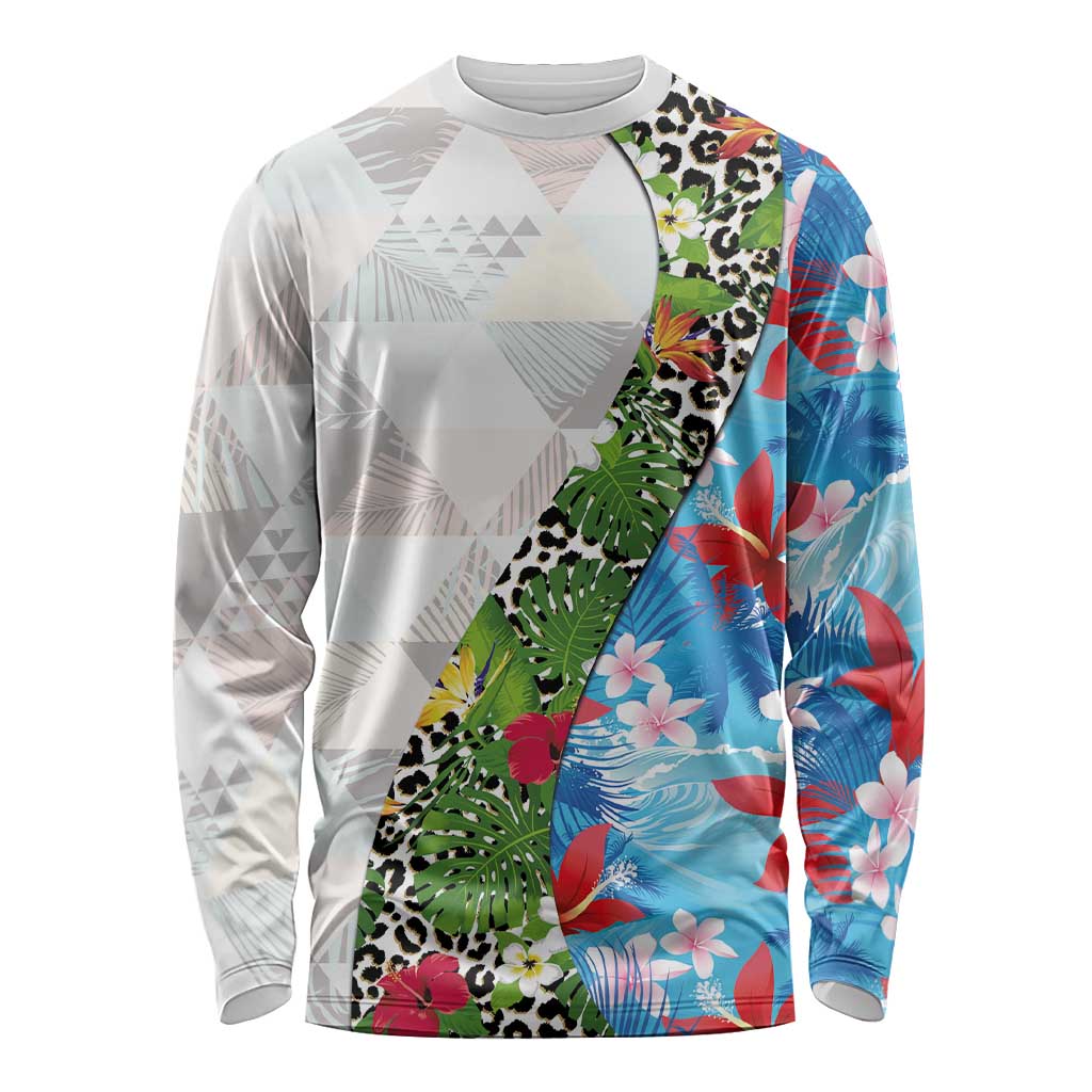 Hawaiian Tropical Flowers and Leaves Long Sleeve Shirt on Leopard Pattern Half Style White-Blue Version - Polynesian Pride