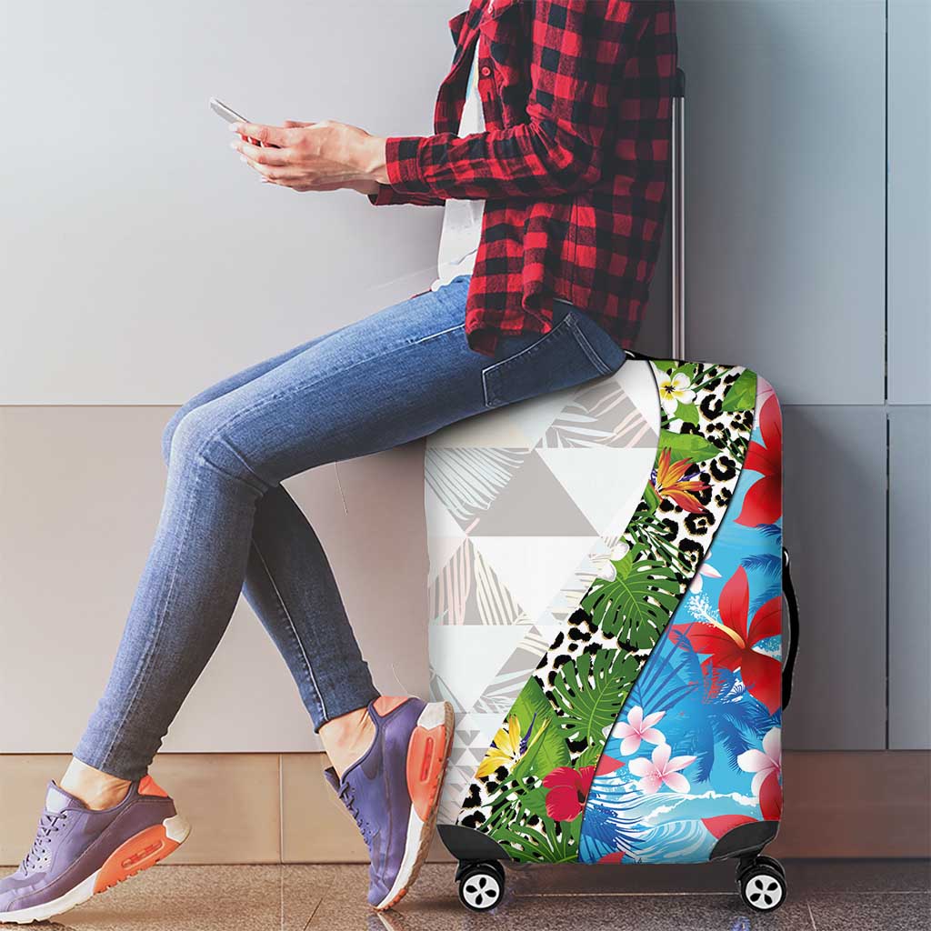 Hawaiian Tropical Flowers and Leaves Luggage Cover on Leopard Pattern Half Style White-Blue Version - Polynesian Pride