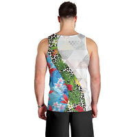 Hawaiian Tropical Flowers and Leaves Men Tank Top on Leopard Pattern Half Style White-Blue Version - Polynesian Pride