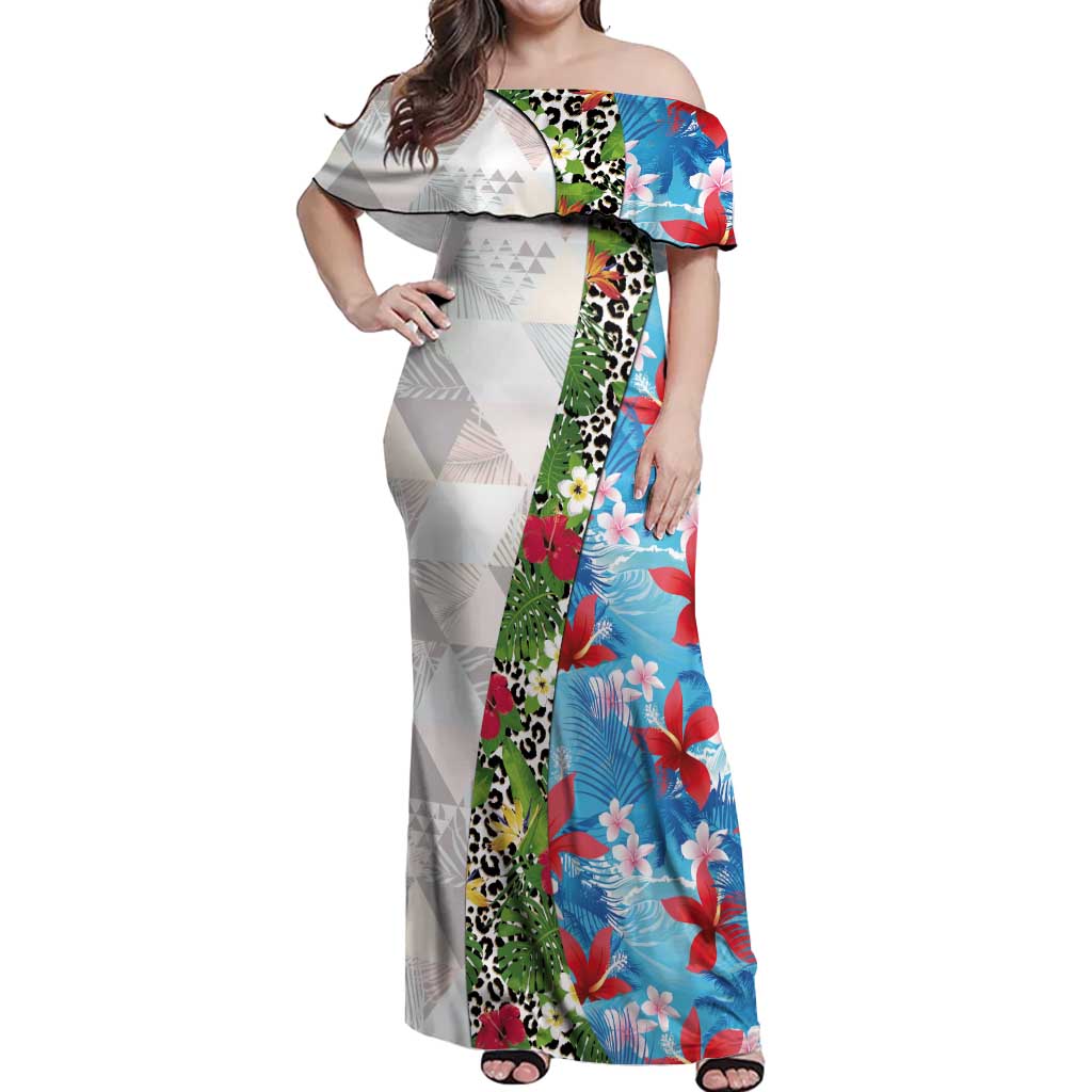 Hawaiian Tropical Flowers and Leaves Off Shoulder Maxi Dress on Leopard Pattern Half Style White-Blue Version - Polynesian Pride