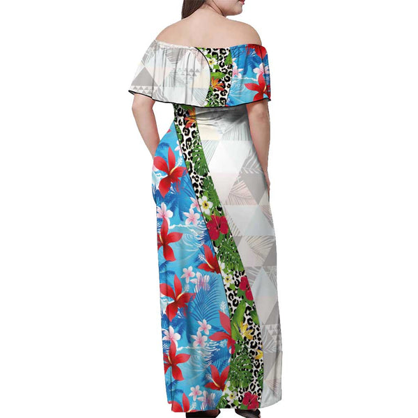 (Custom Personalised) Hawaii Off Shoulder Long Dress Map and Turtle Reggae Flowers