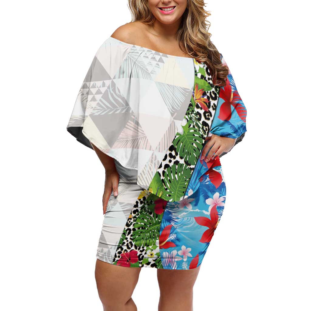 Hawaiian Tropical Flowers and Leaves Off Shoulder Short Dress on Leopard Pattern Half Style White-Blue Version - Polynesian Pride