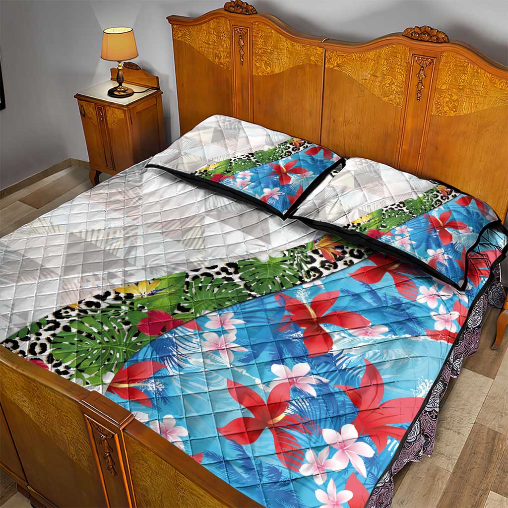 Hawaiian Tropical Flowers and Leaves Quilt Bed Set on Leopard Pattern Half Style White-Blue Version - Polynesian Pride