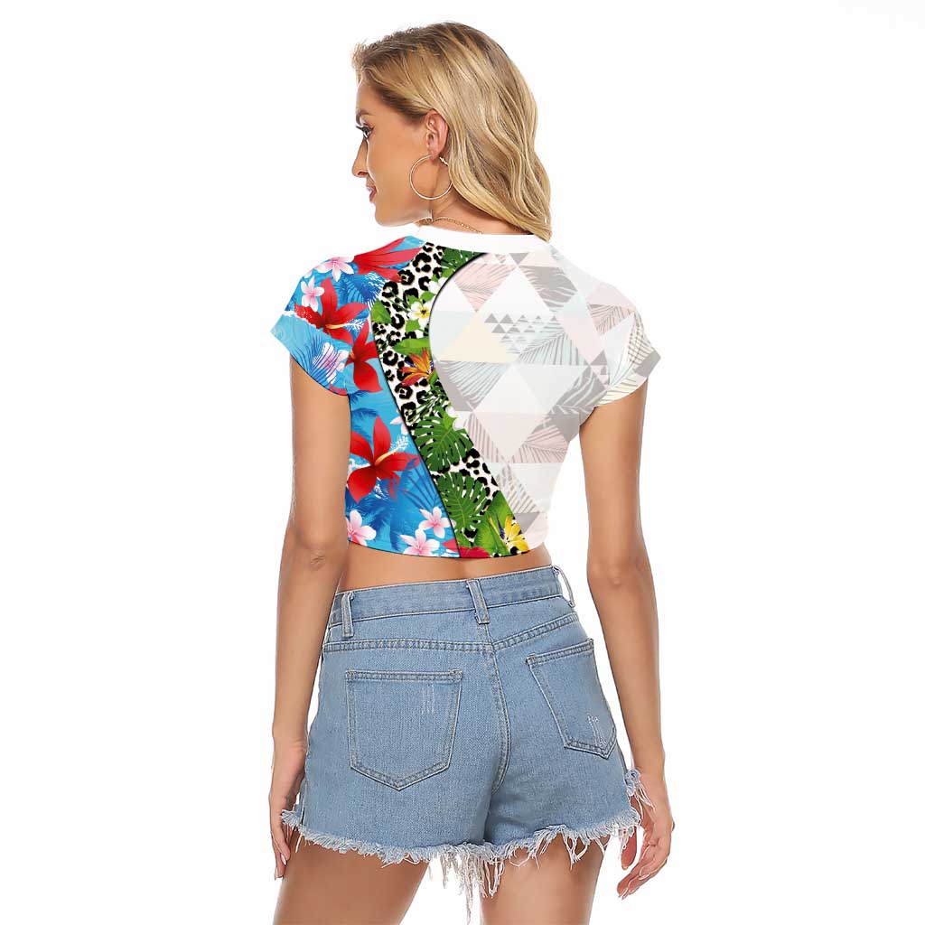 Hawaiian Tropical Flowers and Leaves Raglan Cropped T Shirt on Leopard Pattern Half Style White-Blue Version - Polynesian Pride