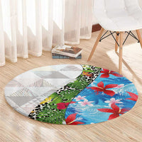 Hawaiian Tropical Flowers and Leaves Round Carpet on Leopard Pattern Half Style White-Blue Version - Polynesian Pride