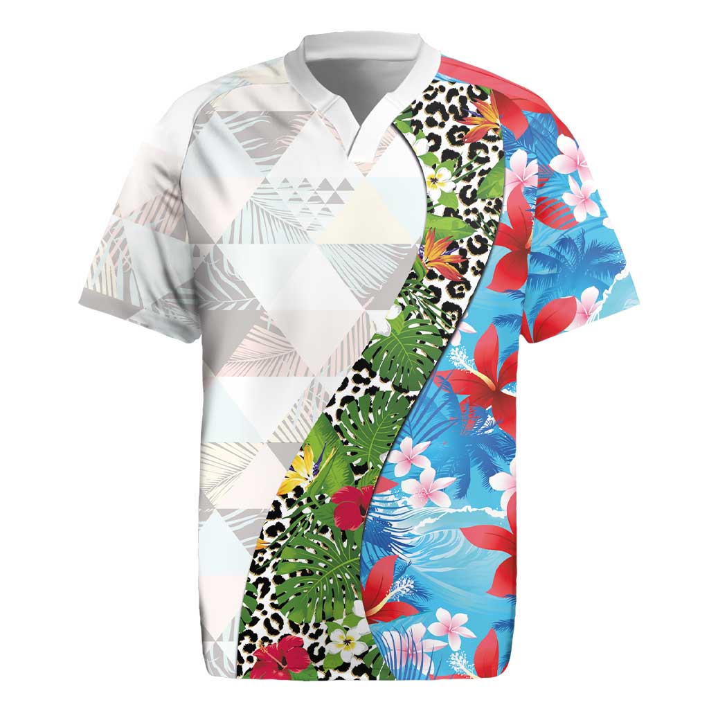 Hawaiian Tropical Flowers and Leaves Rugby Jersey on Leopard Pattern Half Style White-Blue Version - Polynesian Pride