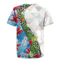 Hawaiian Tropical Flowers and Leaves Rugby Jersey on Leopard Pattern Half Style White-Blue Version - Polynesian Pride