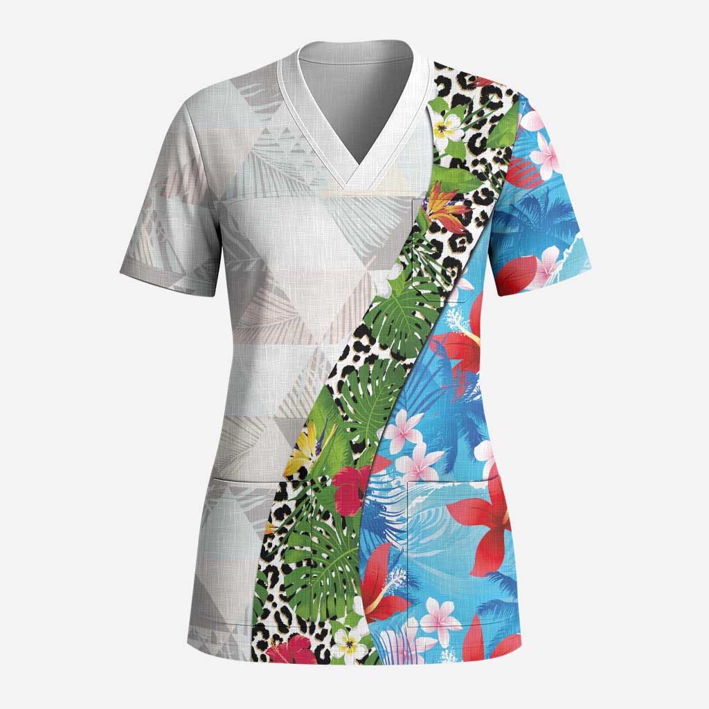 Hawaiian Tropical Flowers and Leaves Scrub Top on Leopard Pattern Half Style White-Blue Version LT03 Adult White - Polynesian Pride