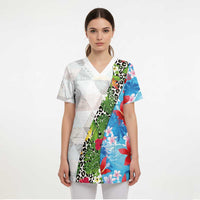 Hawaiian Tropical Flowers and Leaves Scrub Top on Leopard Pattern Half Style White-Blue Version - Polynesian Pride