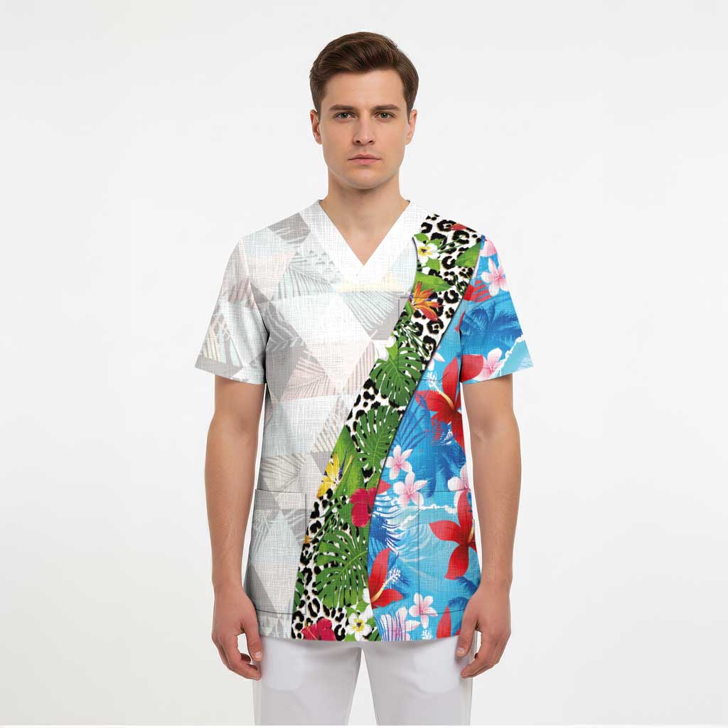 Hawaiian Tropical Flowers and Leaves Scrub Top on Leopard Pattern Half Style White-Blue Version - Polynesian Pride