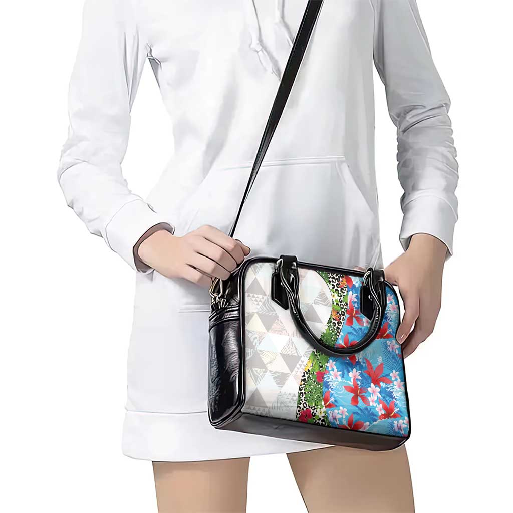 Hawaiian Tropical Flowers and Leaves Shoulder Handbag on Leopard Pattern Half Style White-Blue Version - Polynesian Pride
