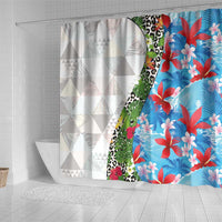 Hawaiian Tropical Flowers and Leaves Shower Curtain on Leopard Pattern Half Style White-Blue Version - Polynesian Pride