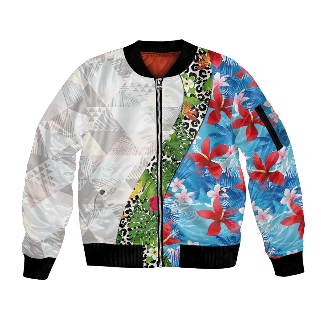 Hawaiian Tropical Flowers and Leaves Sleeve Zip Bomber Jacket on Leopard Pattern Half Style White-Blue Version LT03 Unisex White - Polynesian Pride