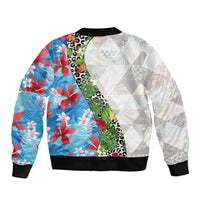 Hawaiian Tropical Flowers and Leaves Sleeve Zip Bomber Jacket on Leopard Pattern Half Style White-Blue Version LT03 - Polynesian Pride