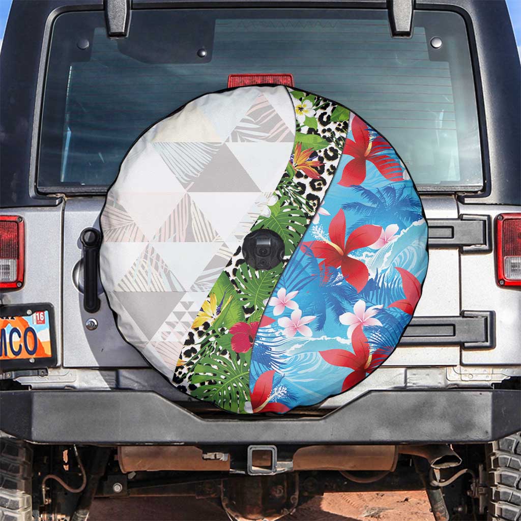 Hawaiian Tropical Flowers and Leaves Spare Tire Cover on Leopard Pattern Half Style White-Blue Version - Polynesian Pride