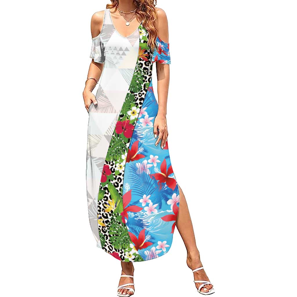 Hawaiian Tropical Flowers and Leaves Summer Maxi Dress on Leopard Pattern Half Style White-Blue Version - Polynesian Pride