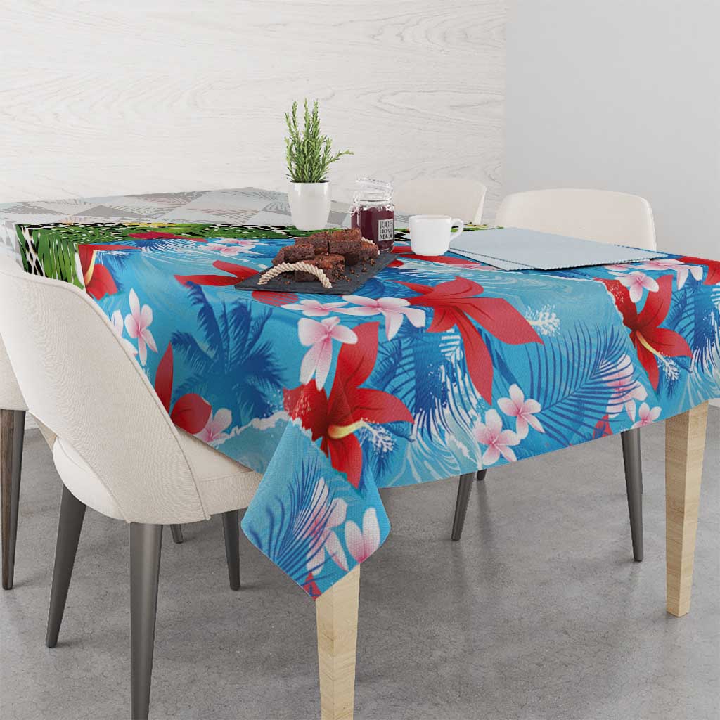 Hawaiian Tropical Flowers and Leaves Tablecloth on Leopard Pattern Half Style White-Blue Version - Polynesian Pride