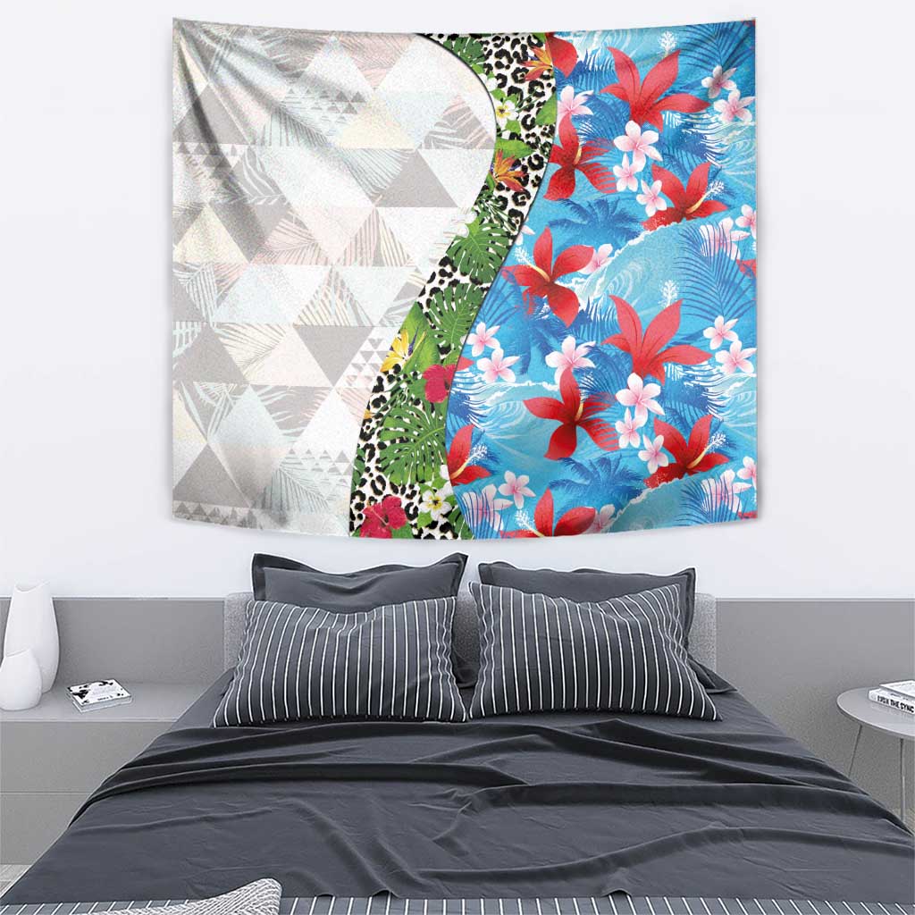 Hawaiian Tropical Flowers and Leaves Tapestry on Leopard Pattern Half Style White-Blue Version - Polynesian Pride