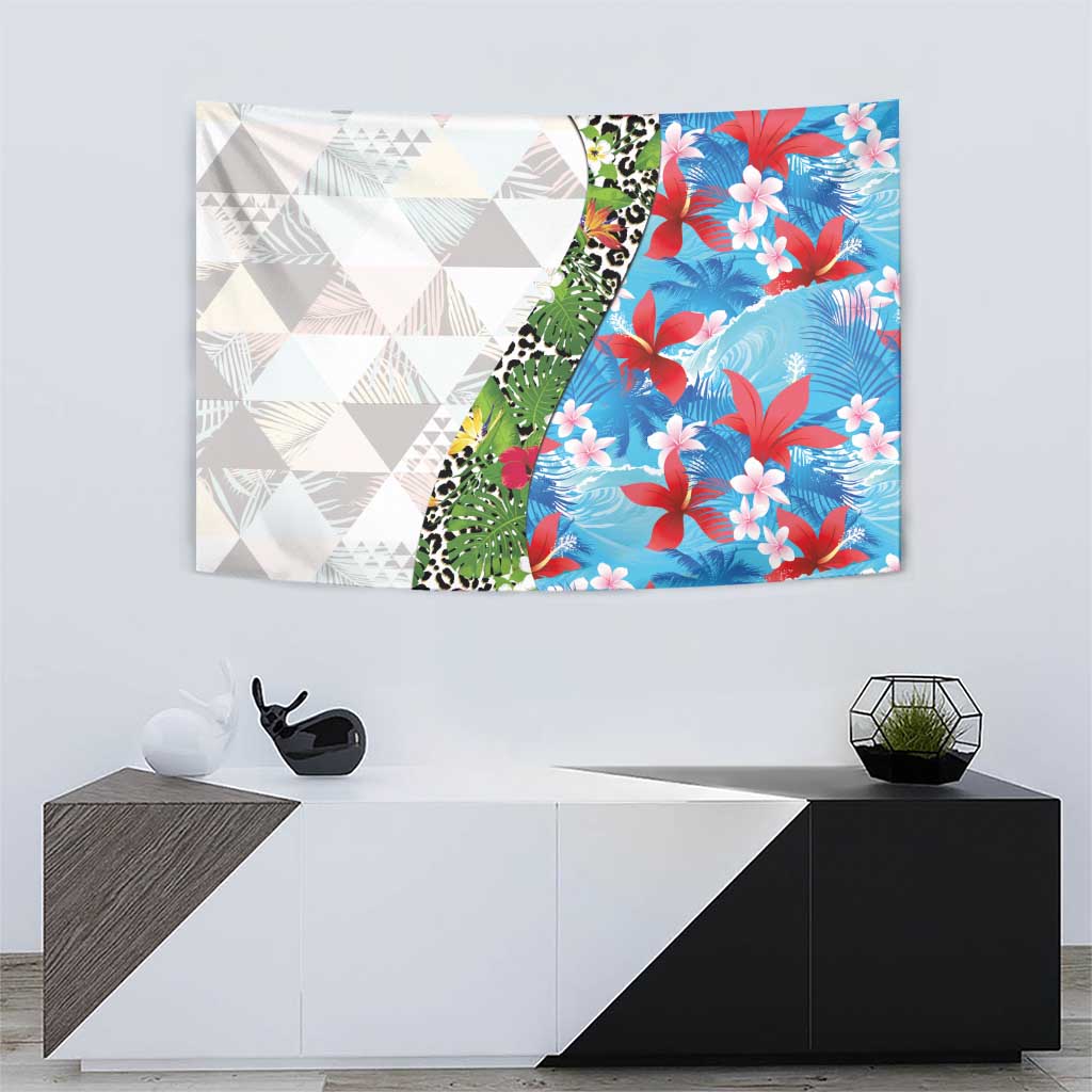 Hawaiian Tropical Flowers and Leaves Tapestry on Leopard Pattern Half Style White-Blue Version - Polynesian Pride