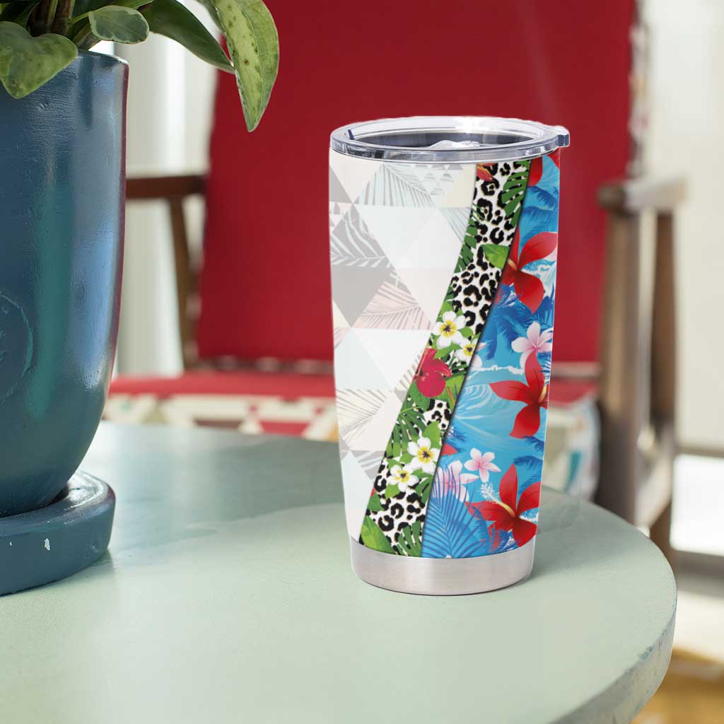 Hawaiian Tropical Flowers and Leaves Tumbler Cup on Leopard Pattern Half Style White-Blue Version - Polynesian Pride