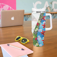 Hawaiian Tropical Flowers and Leaves Tumbler With Handle on Leopard Pattern Half Style White-Blue Version - Polynesian Pride