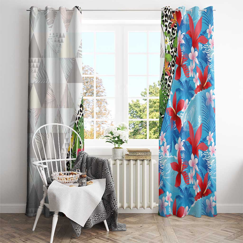 Hawaiian Tropical Flowers and Leaves Window Curtain on Leopard Pattern Half Style White-Blue Version - Polynesian Pride
