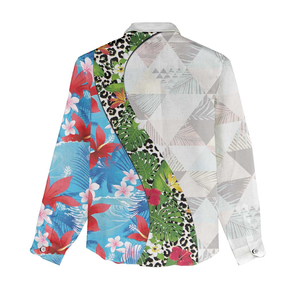 Hawaiian Tropical Flowers and Leaves Women Casual Shirt on Leopard Pattern Half Style White-Blue Version - Polynesian Pride