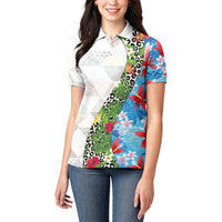 Hawaiian Tropical Flowers and Leaves Women Polo Shirt on Leopard Pattern Half Style White-Blue Version - Polynesian Pride