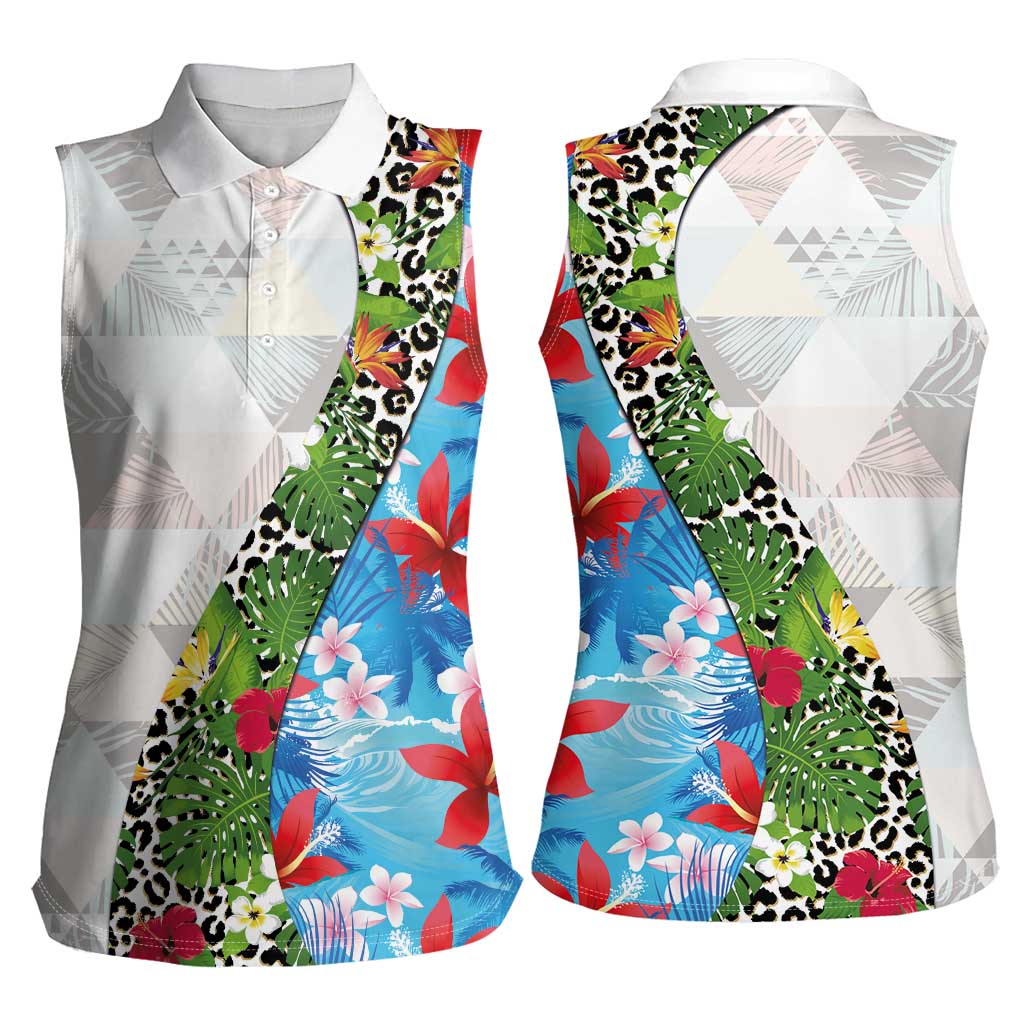 Hawaiian Tropical Flowers and Leaves Women Sleeveless Polo Shirt on Leopard Pattern Half Style White-Blue Version LT03 - Polynesian Pride
