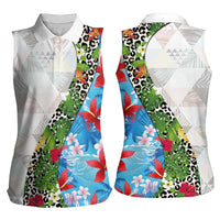 Hawaiian Tropical Flowers and Leaves Women Sleeveless Polo Shirt on Leopard Pattern Half Style White-Blue Version LT03 - Polynesian Pride