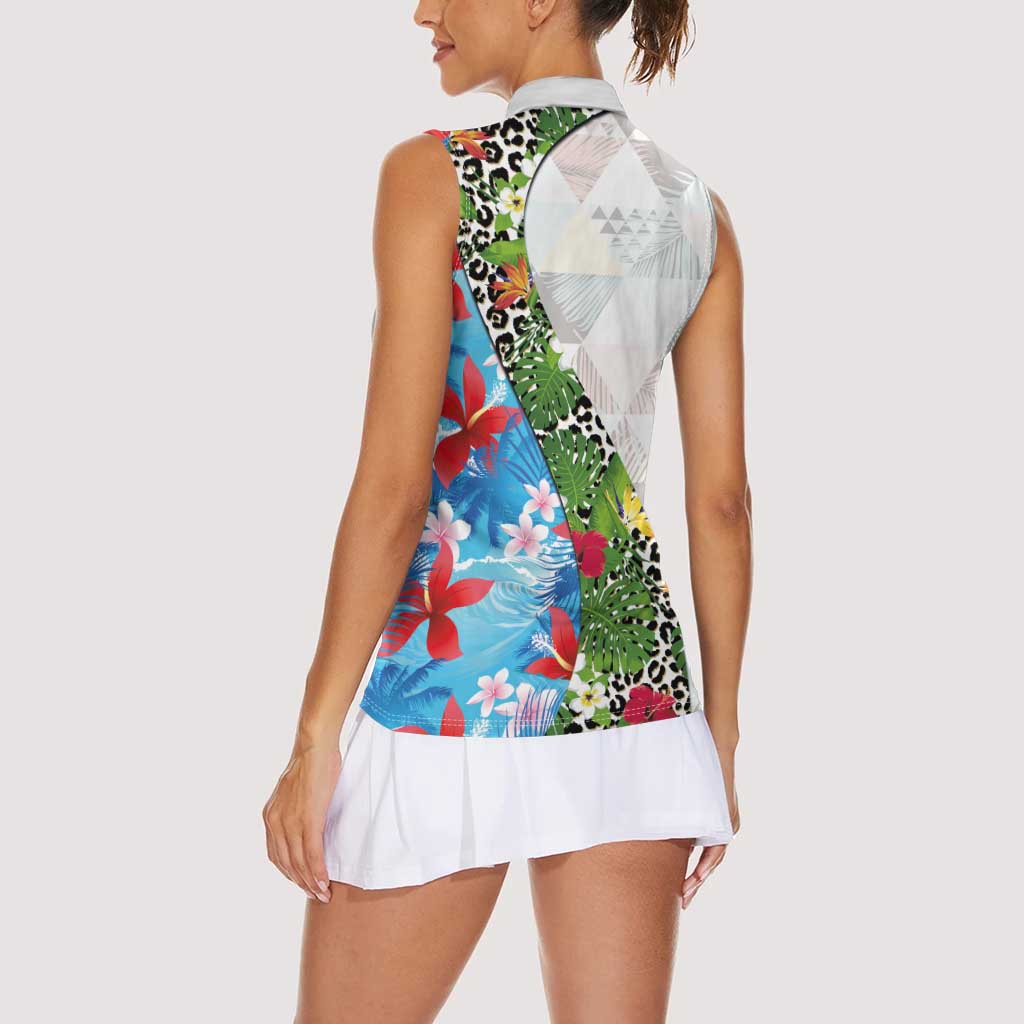 Hawaiian Tropical Flowers and Leaves Women Sleeveless Polo Shirt on Leopard Pattern Half Style White-Blue Version LT03 - Polynesian Pride