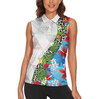 Hawaiian Tropical Flowers and Leaves Women Sleeveless Polo Shirt on Leopard Pattern Half Style White-Blue Version LT03 - Polynesian Pride