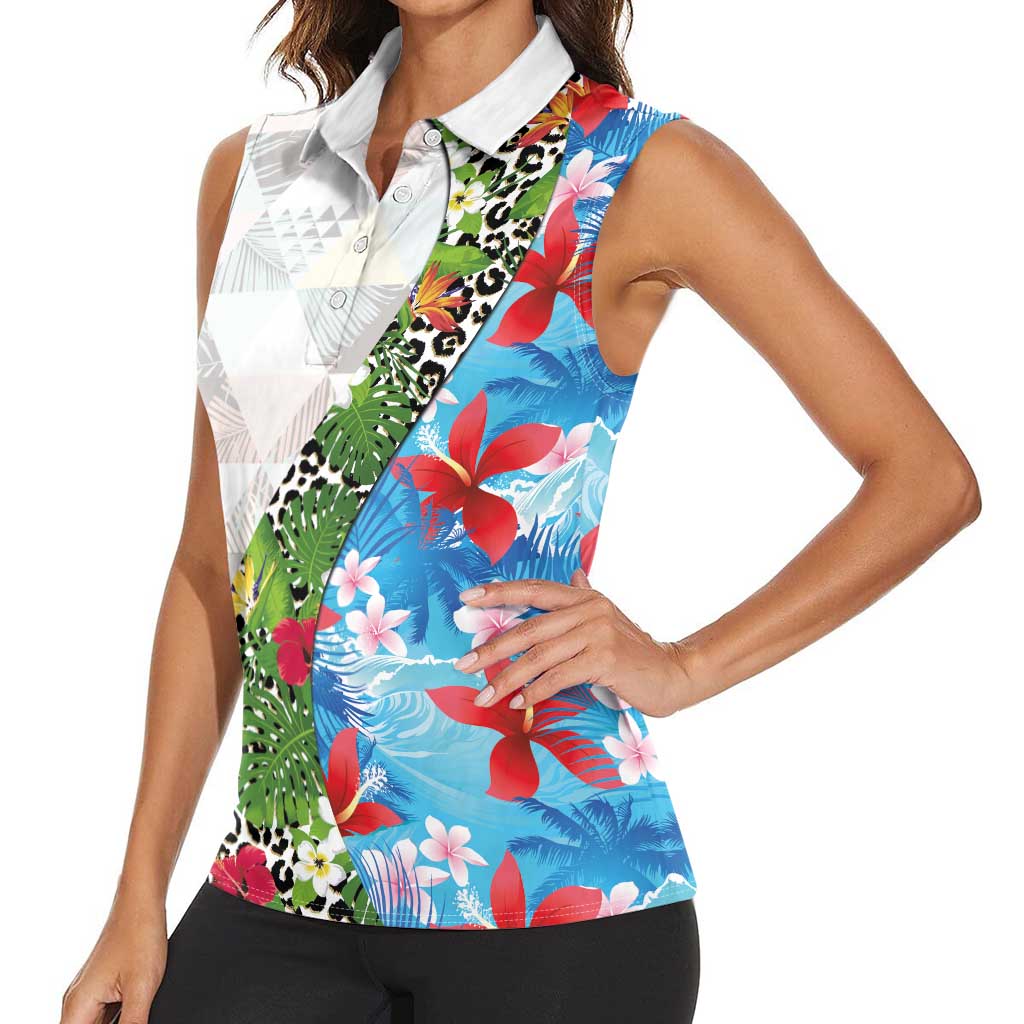 Hawaiian Tropical Flowers and Leaves Women Sleeveless Polo Shirt on Leopard Pattern Half Style White-Blue Version LT03 - Polynesian Pride