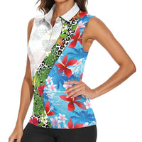 Hawaiian Tropical Flowers and Leaves Women Sleeveless Polo Shirt on Leopard Pattern Half Style White-Blue Version LT03 - Polynesian Pride