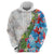 Hawaiian Tropical Flowers and Leaves Zip Hoodie on Leopard Pattern Half Style White-Blue Version - Polynesian Pride