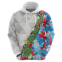 Hawaiian Tropical Flowers and Leaves Zip Hoodie on Leopard Pattern Half Style White-Blue Version - Polynesian Pride